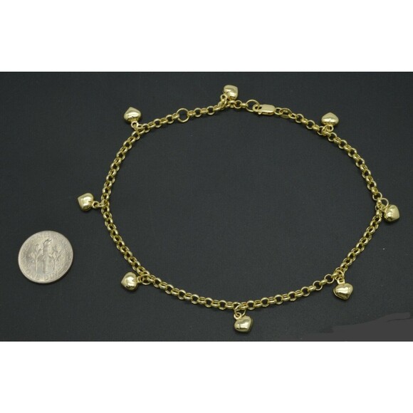 Real 10K Yellow Gold Rolo Link Heart Charms Ankle Bracelet  9-10 - Picture 1 of 3